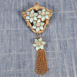 1950s Vintage Pendant Pin with Light Blue Enamel Flowers and Clear Rhinestones